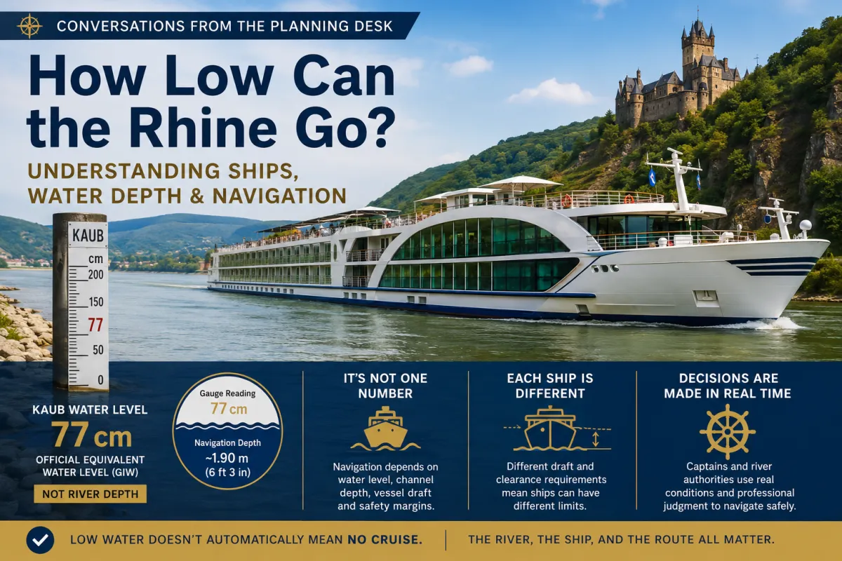 How do Rhine river cruise ships handle low water? Learn how navigation depth, vessel draft, Kaub water levels and safety margins affect river cruising