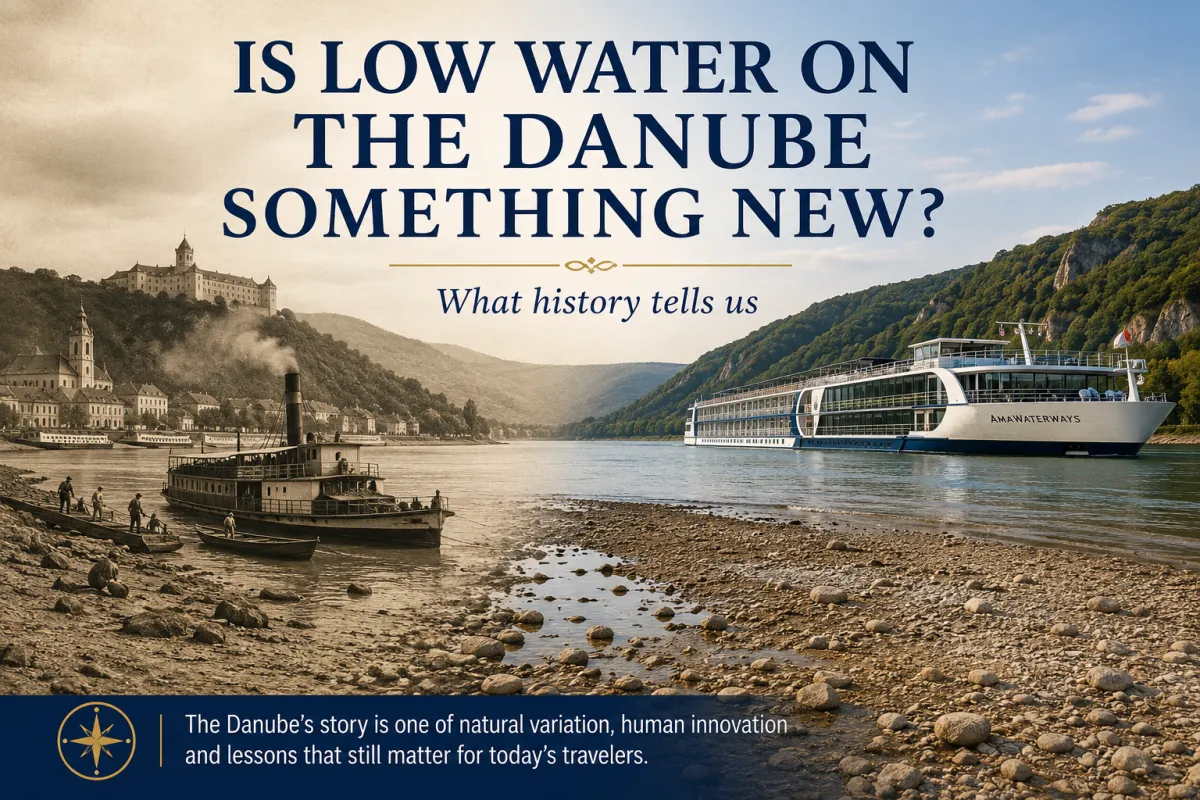 Historic and modern Danube River navigation shown alongside low water, illustrating how changing river conditions have affected travel for centuries.