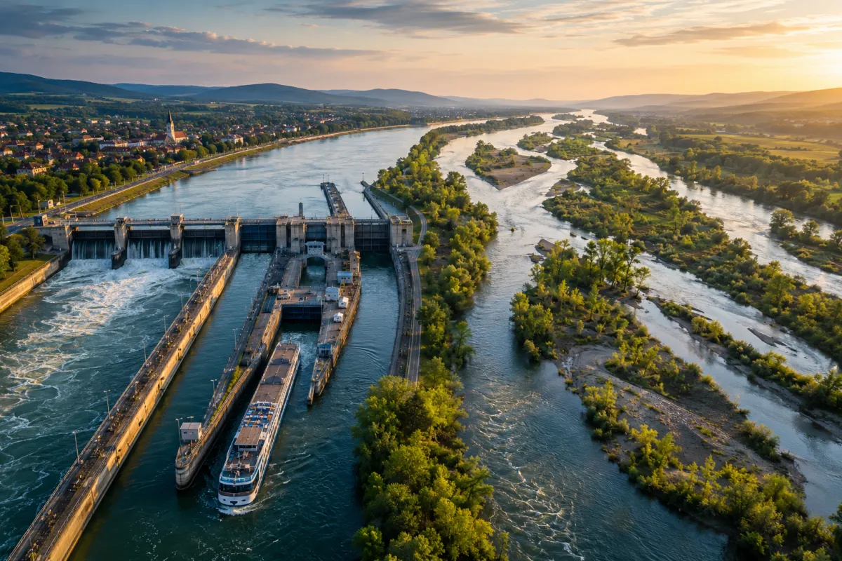 Aerial view of a Danube dam and navigation locks beside a free-flowing river channel, illustrating engineered and natural sections of the river.