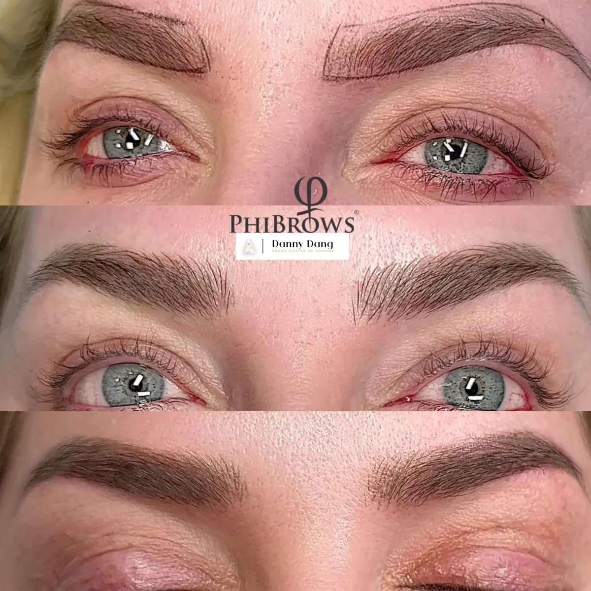 Nano hairstrokes: trước, mới làm xong, và lành sau 1 tháng — Trường Phibrows USA