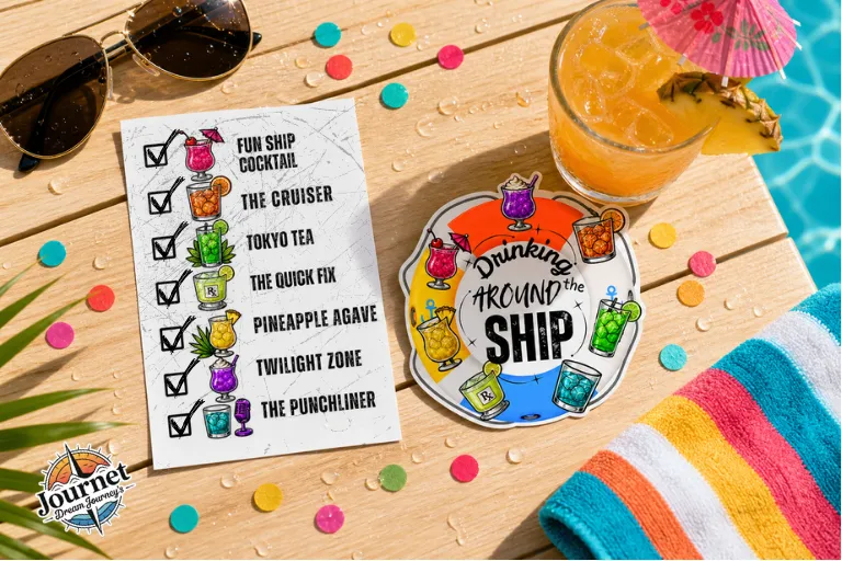 Play Drinking Around The Ship on your next cruise! 8 water-resistant tattoo sheets, 7 drink designs + instructions. Adults 21+. and Zero-Proof. Shop Now!