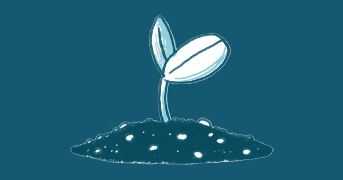 A hand-drawn illustration of a small seedling with two leaves sprouting from a mound of soil, on a deep teal background