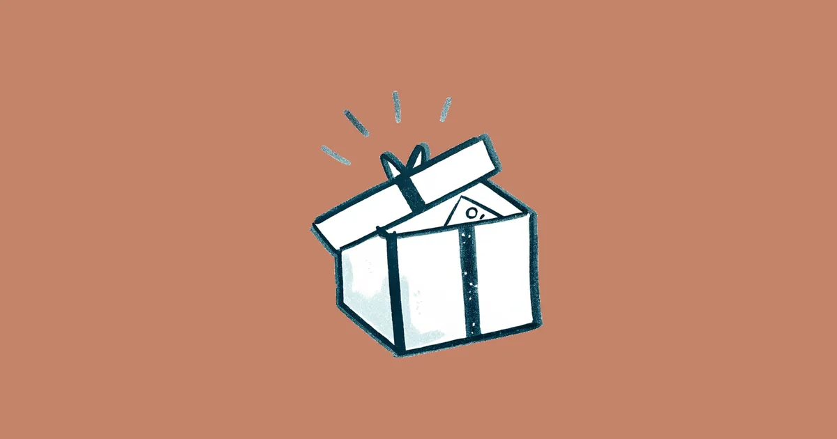 A hand-drawn gift box, slightly open, with a price tag tucked underneath, visible only to the viewer