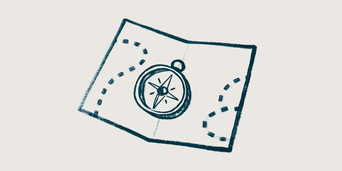 A hand-drawn illustration of a compass resting on an open folded map with dotted route lines, on a warm cream background