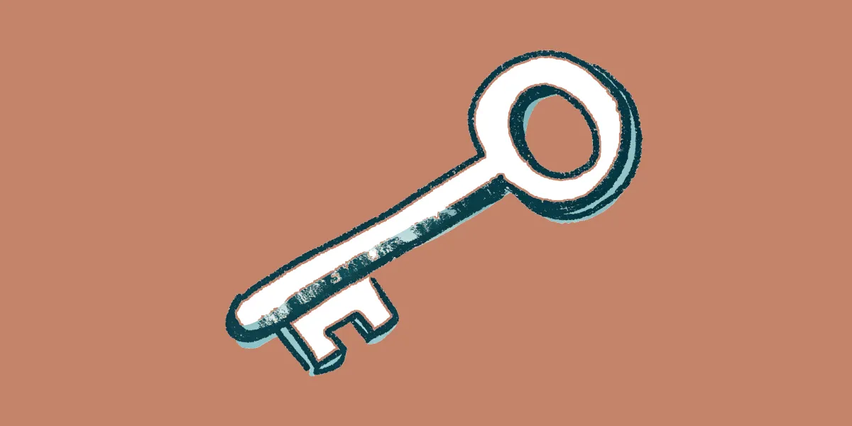 A hand-drawn illustration of an old-fashioned skeleton key on a dusty terracotta background