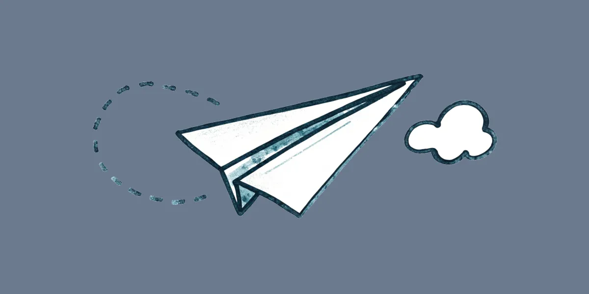 A hand-drawn illustration of a paper airplane in mid-flight with a dotted arc trail, on a muted slate background