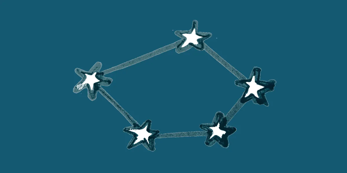 A hand-drawn illustration of a constellation, several stars connected by lines, on a deep teal background