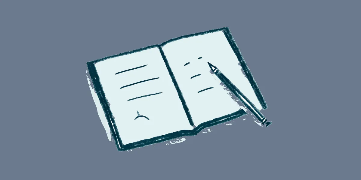 A hand-drawn illustration of an open notebook with a few handwritten lines, one crossed out and rewritten, on a slate blue background