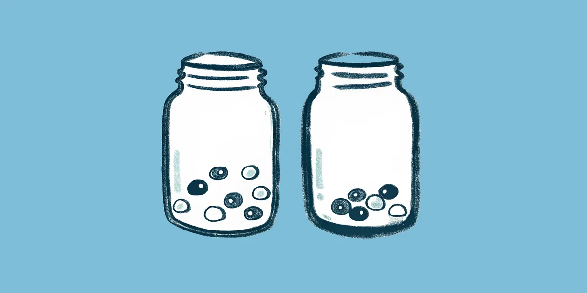 Two hand-drawn glass jars side by side with simple objects clearly visible inside each, on a dusty terracotta background