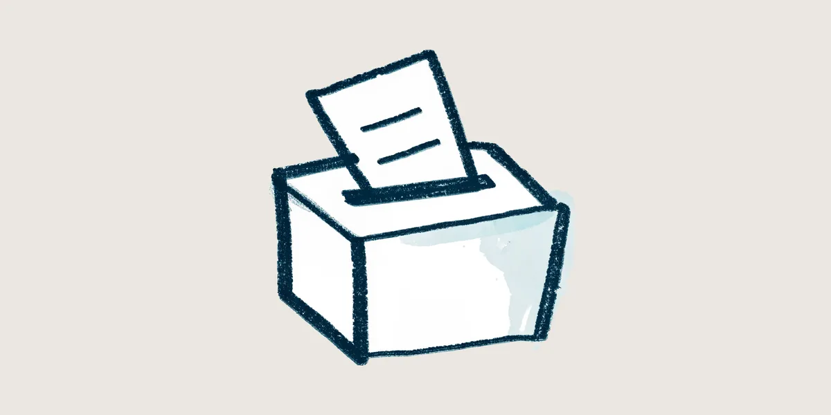 A hand-drawn illustration of a folded slip of paper dropping into a suggestion box, on a dusty terracotta background