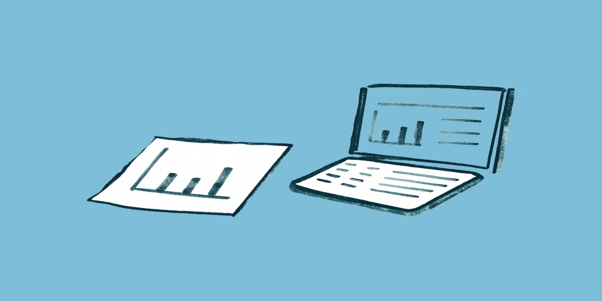 A formatted document with a chart and data lines next to an open laptop, with small radiating sketch marks, on a sky teal background