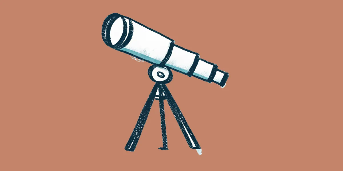A hand-drawn illustration of a telescope on a tripod, on a dusty terracotta background