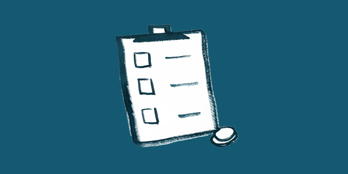 A hand-drawn illustration of a clipboard with checkboxes and a small coin beside it, on a deep teal background