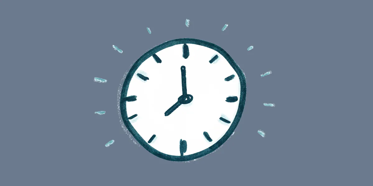 A hand-drawn illustration of an analog clock face with radiating sketch marks, on a muted slate background