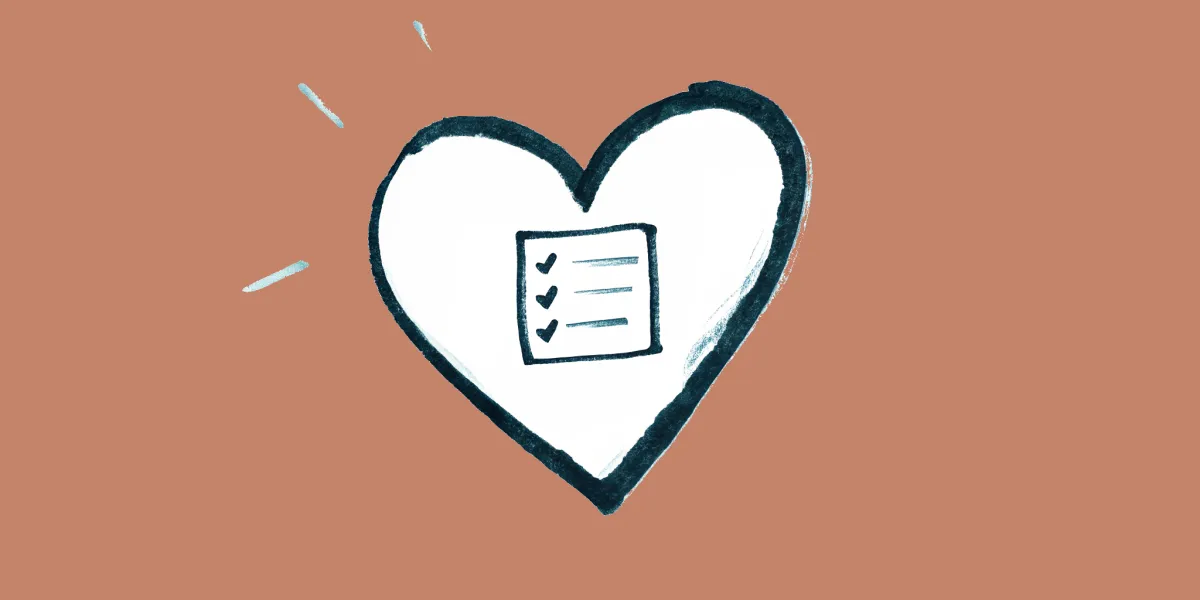 A hand-drawn illustration of a heart shape with a small checklist form inside it, on a dusty terracotta background