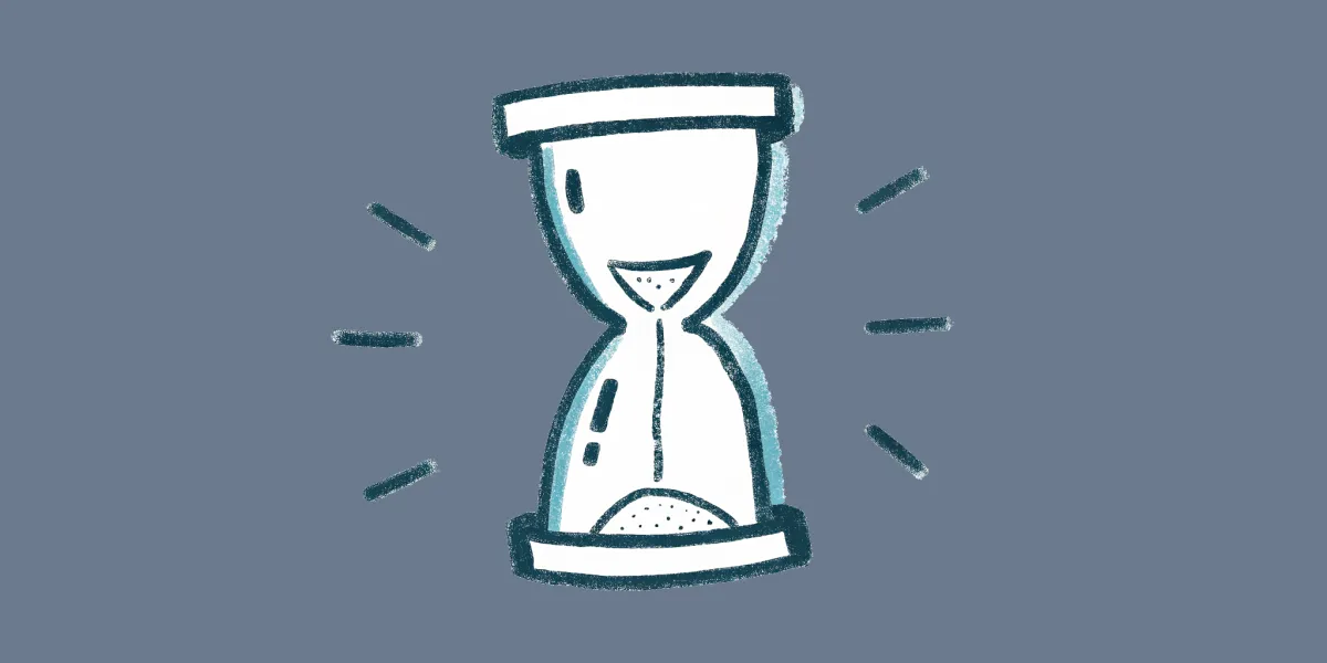 A hand-drawn illustration of a curved hourglass with sand particles and radiating sketch marks, on a muted slate background