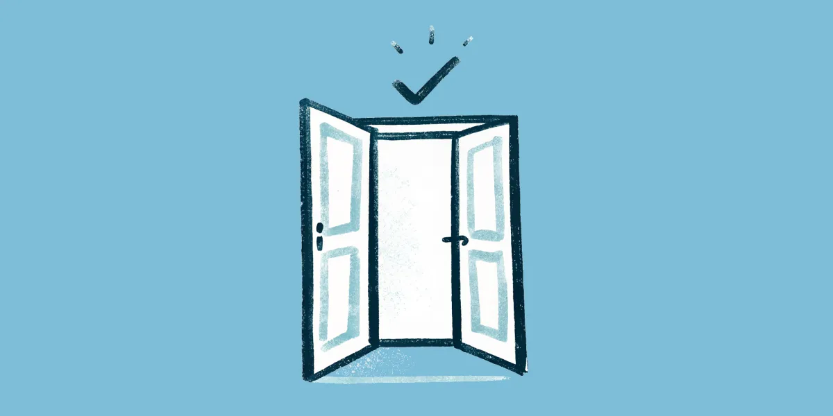 A hand-drawn illustration of an open double door with a checkmark floating above it, on a sky teal background