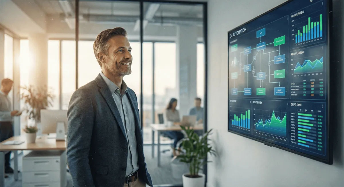 Business systems coach reviewing automated workflow dashboard with consulting firm owner showing scalable operations framework.