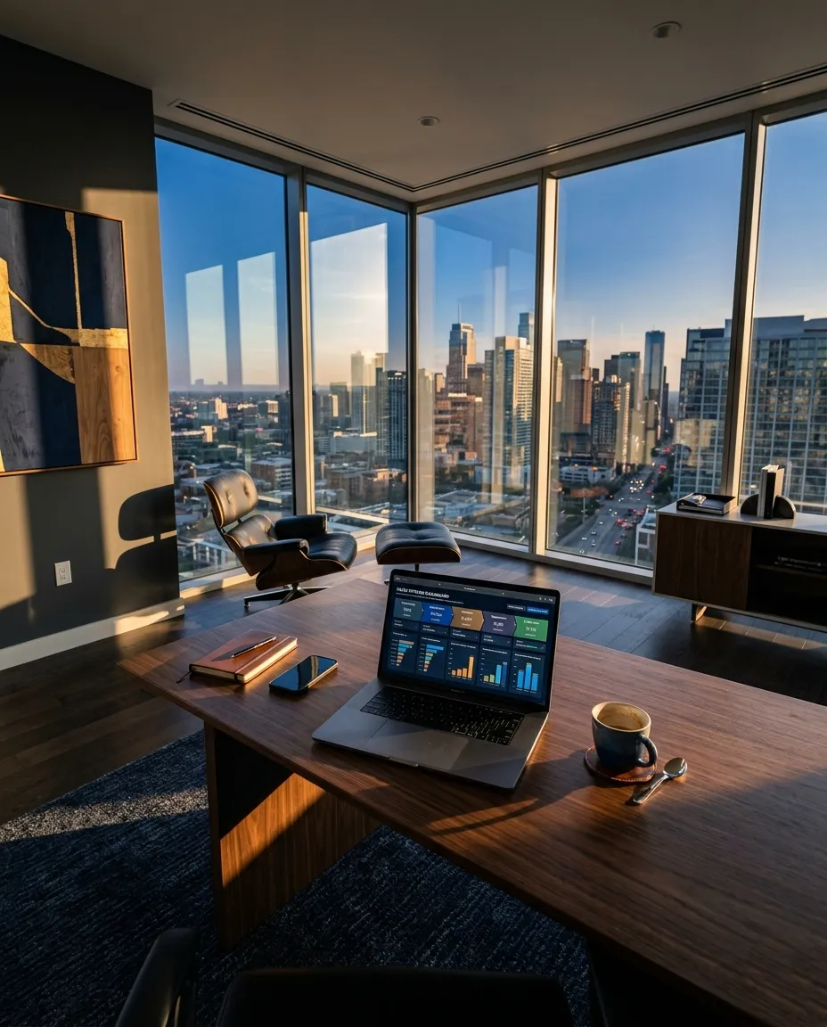 Real estate pipeline optimization dashboard showing 5 deal stages on a laptop in a modern executive office