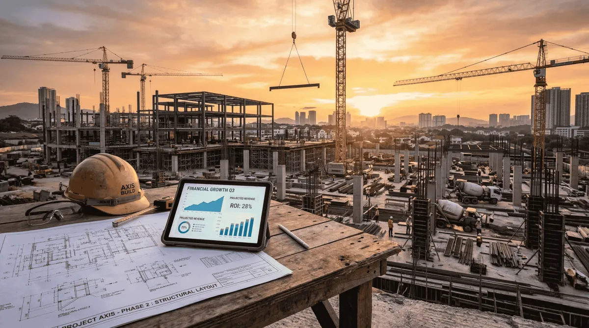 Construction pricing strategy coach reviewing contractor margin leaks and profitability charts on a job site.