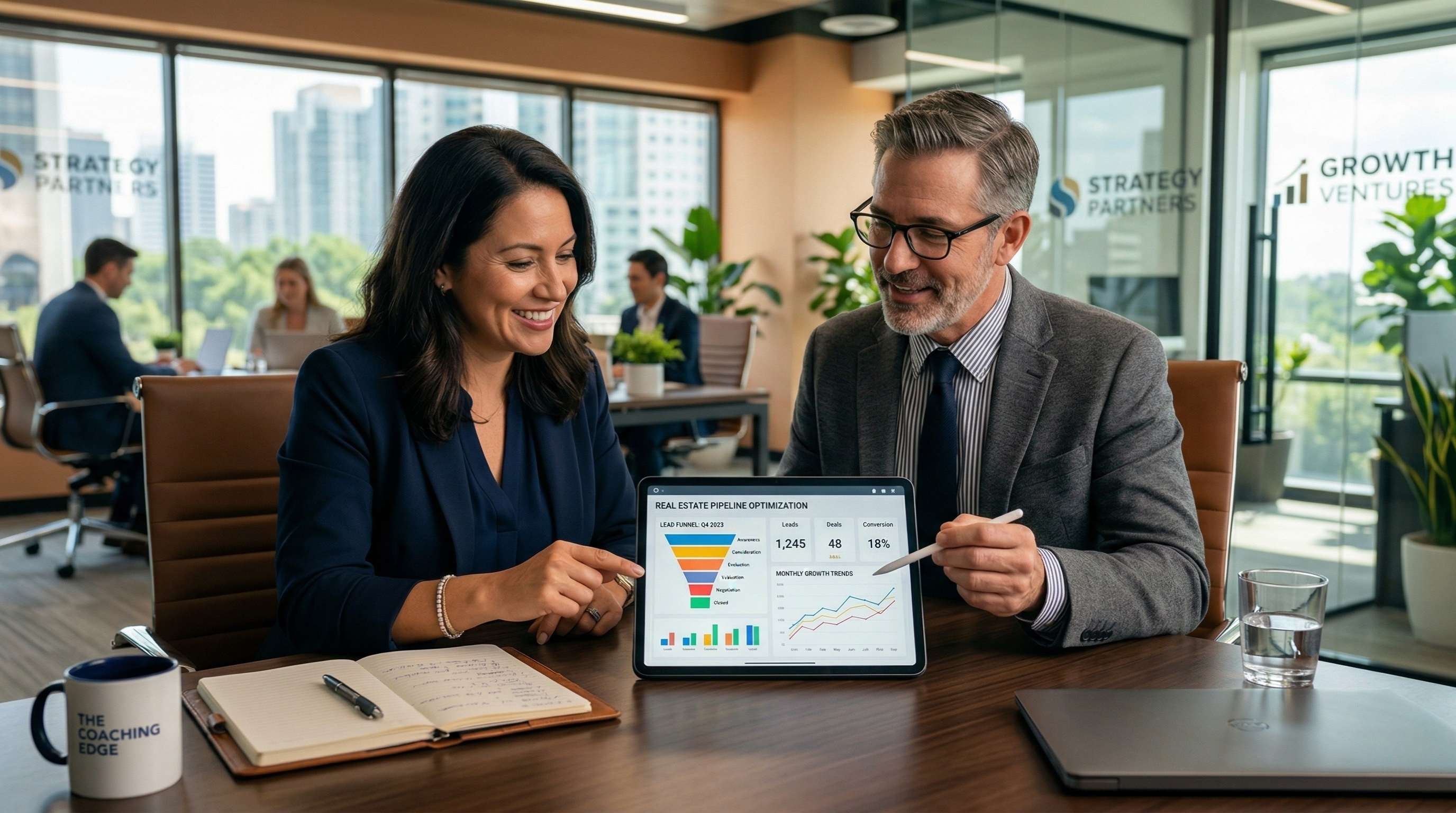 A business coach for real estate investors reviewing real estate pipeline optimization charts and deal flow with a client.