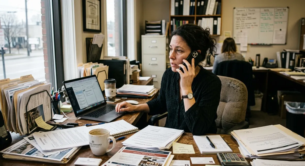 Solo real estate agent overwhelmed by administrative tasks at a cluttered desk