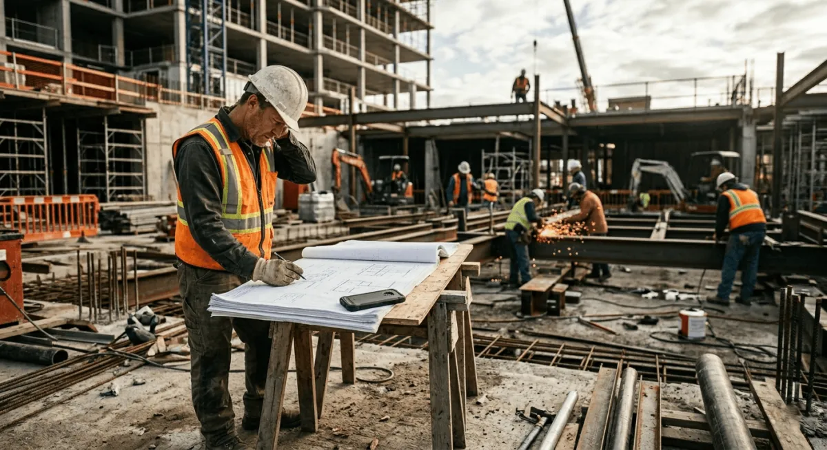 Overwhelmed contractor pausing over blueprints at a busy job site with crew working in the background,  capturing the pressure of managing both sales and operations alone.