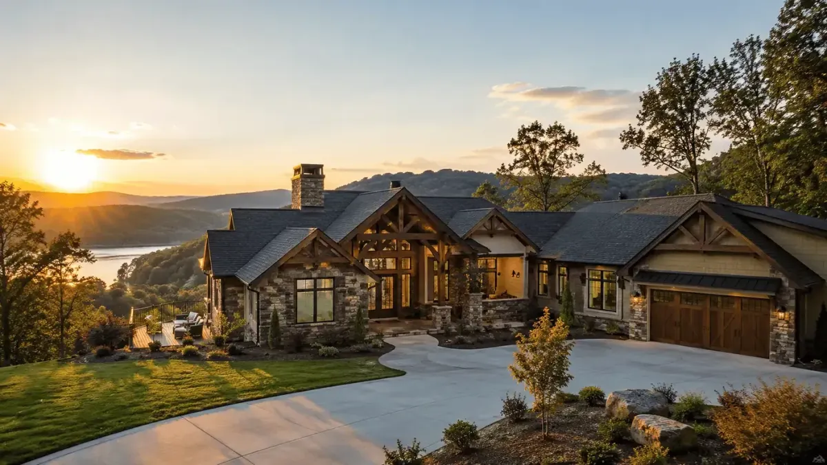 Custom home in rural Monroe County Tennessee near Tellico Lake at golden hour