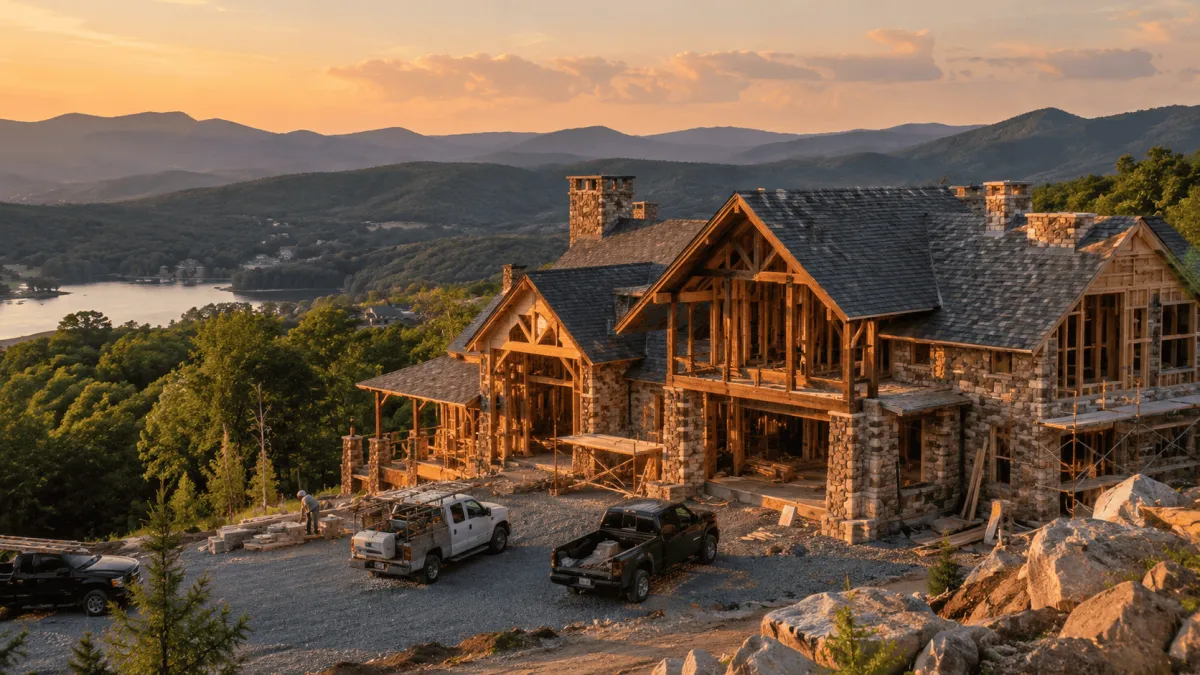 Luxury custom home under construction in the East Tennessee foothills near a lake
