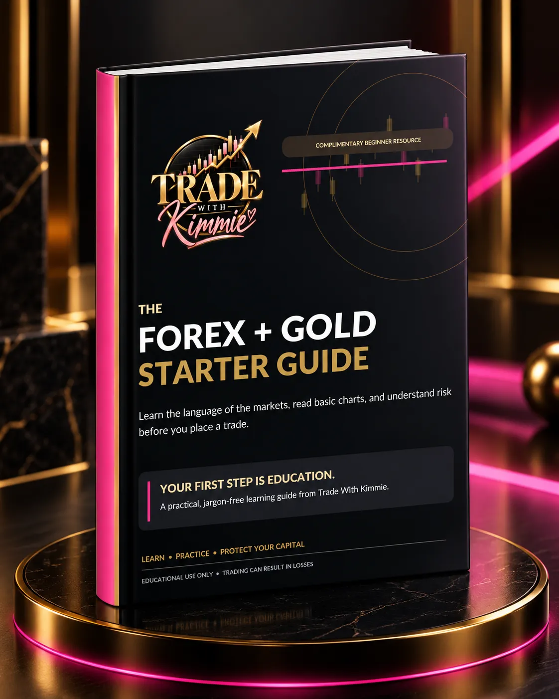 3D E-Book Cover Mockup of Forex Starter Guide with glowing market chart graphics