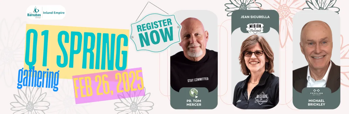 Q1 Spring Gathering for February 26, 2025, featuring keynote speaker Tom Mercer of The Oikos Movement, Jean Sicurella of Misión de Caridad, and Michael Brickley of Families Set Free. Includes a 'Register Now' badge and floral-themed design.