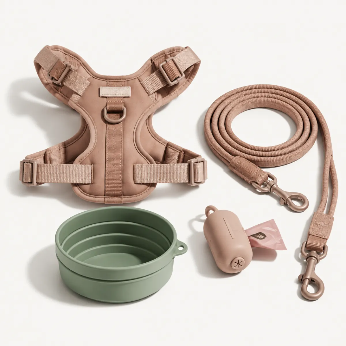 Dog walking kit with harness, leash, travel bowl and waste bag holder