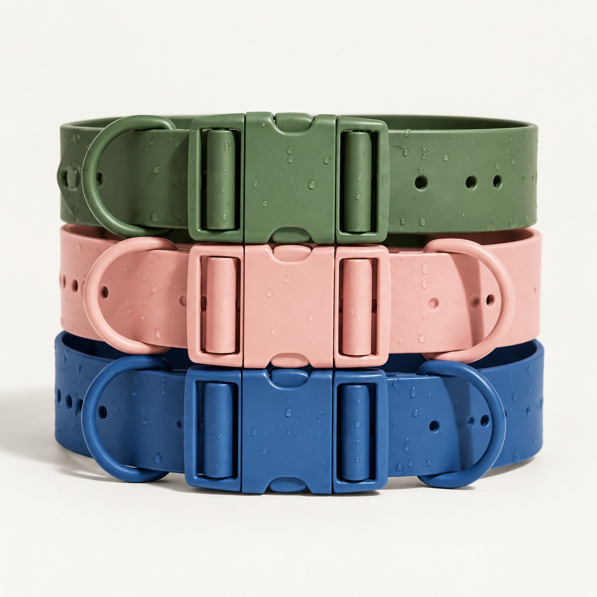 Waterproof dog collars in green, pink and blue
