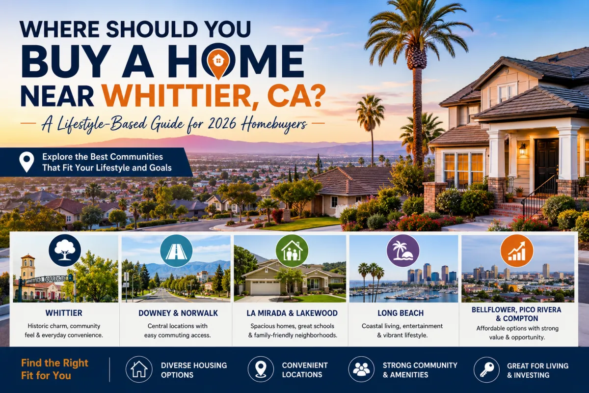 Lifestyle-based guide comparing Whittier, Downey, Norwalk, La Mirada, Long Beach, Lakewood, Bellflower, Pico Rivera, and Compton