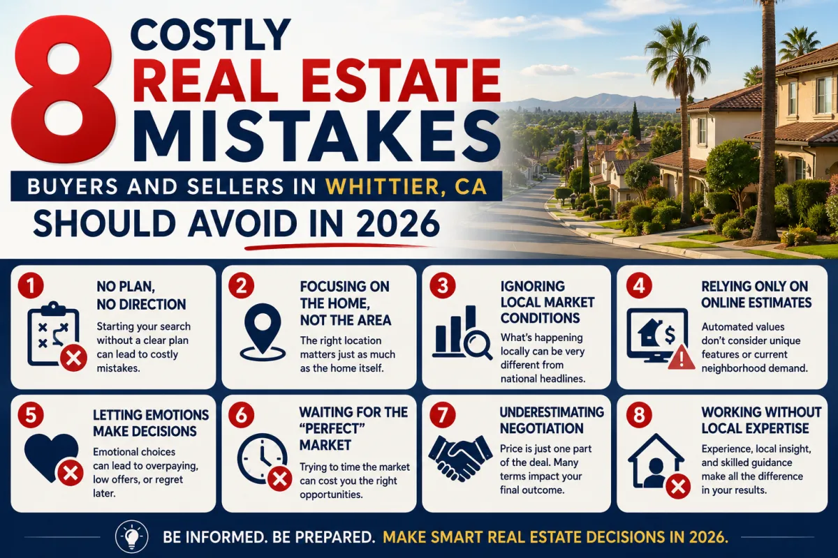 Infographic highlighting eight costly real estate mistakes buyers and sellers should avoid in Whittier, Pico Rivera, Downey, Norwalk, La Mirada, Long Beach, and Lakewood, CA