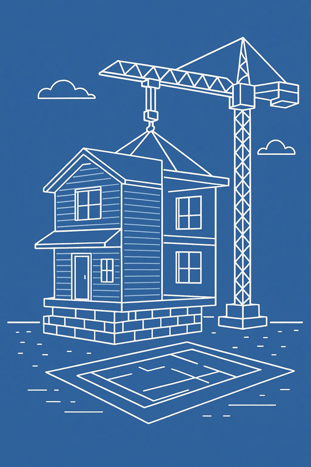 Modular home section being craned onto foundation illustration