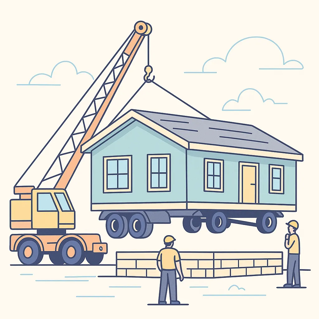 Manufactured home being placed on foundation illustration