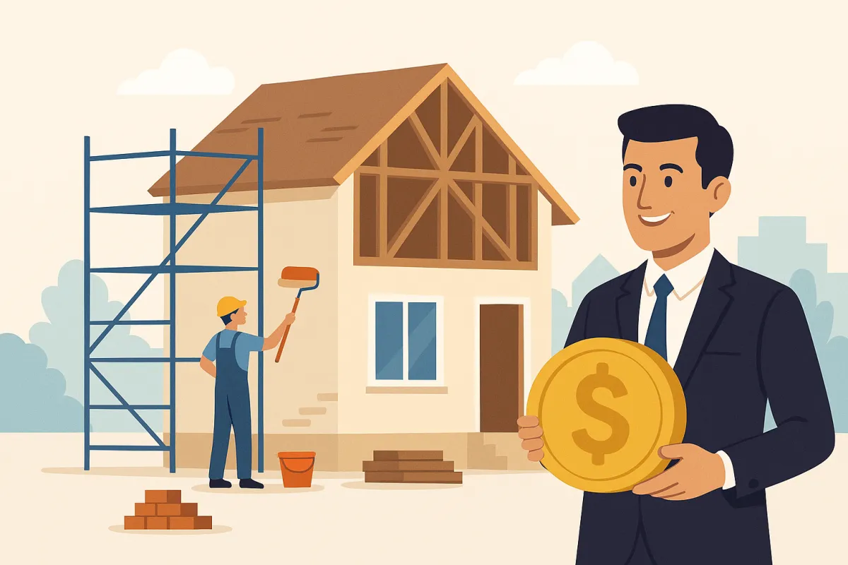 House under renovation with businessman and coin illustration