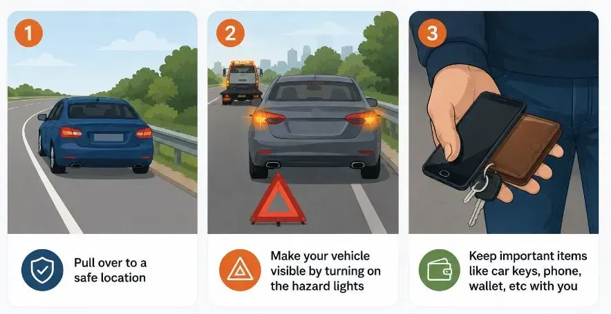 visual presentation of how to stay safe while waiting for a tow truck