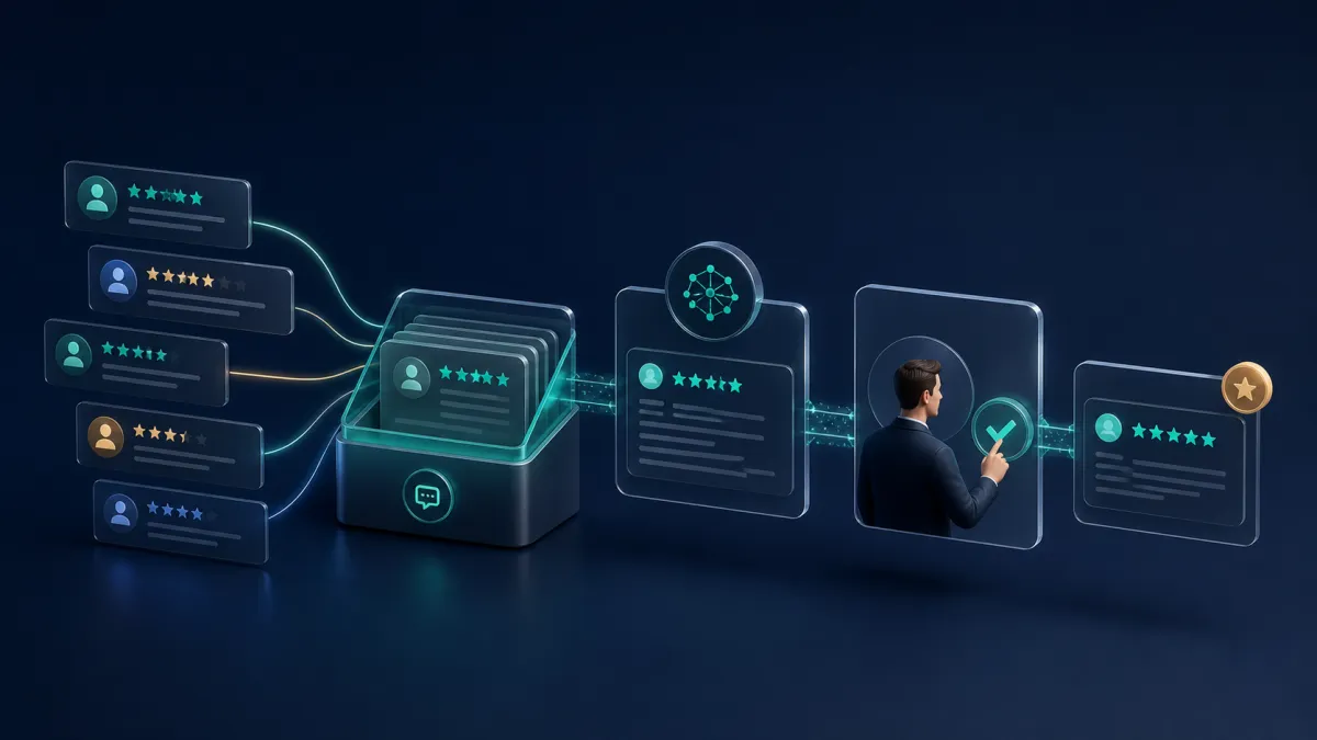 Customer feedback moving through AI-assisted review response drafting and human approval