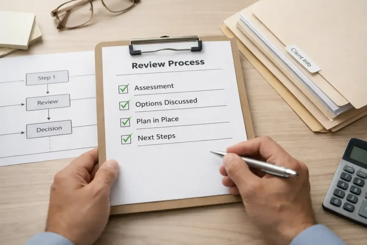 Homeowner in their mid-40s reviewing foreclosure paperwork at a kitchen table by natural window light.