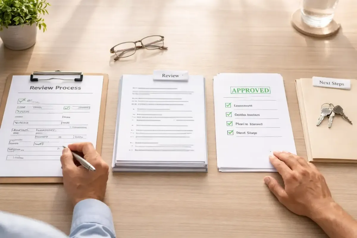 Homeowner in their mid-40s reviewing foreclosure paperwork at a kitchen table by natural window light.