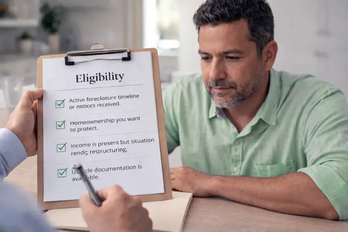 Homeowner in their mid-40s reviewing foreclosure paperwork at a kitchen table by natural window light.