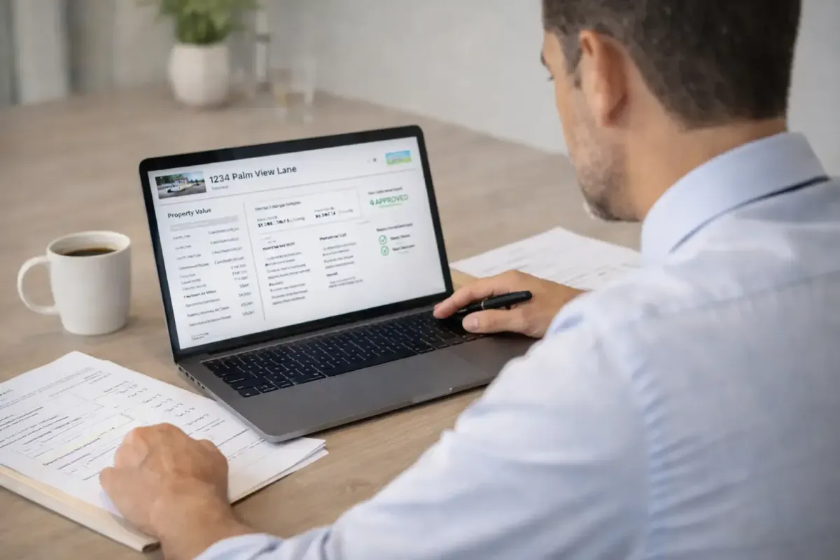 Homeowner in their mid-40s reviewing foreclosure paperwork at a kitchen table by natural window light.