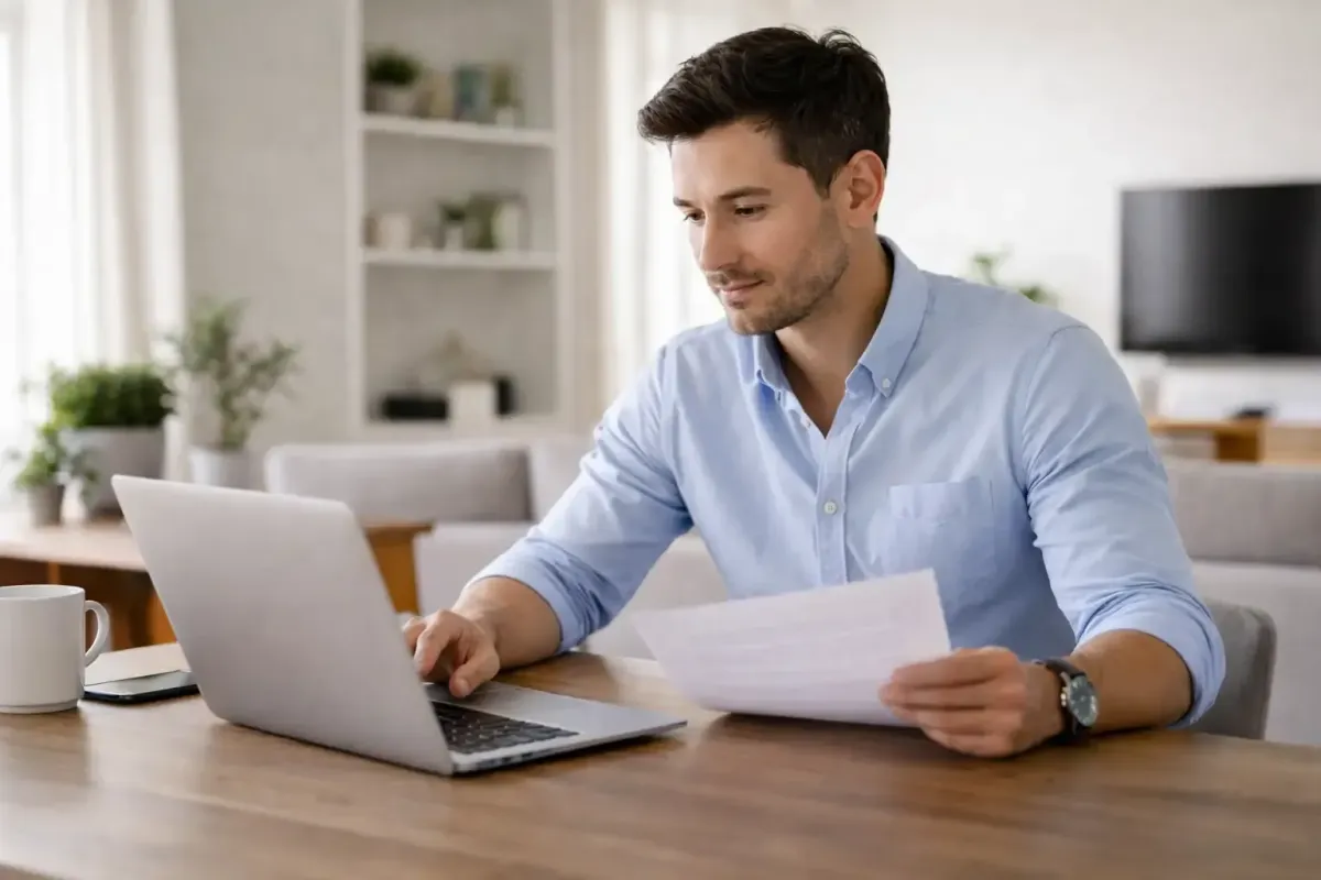 Homeowner in their mid-40s reviewing foreclosure paperwork at a kitchen table by natural window light.