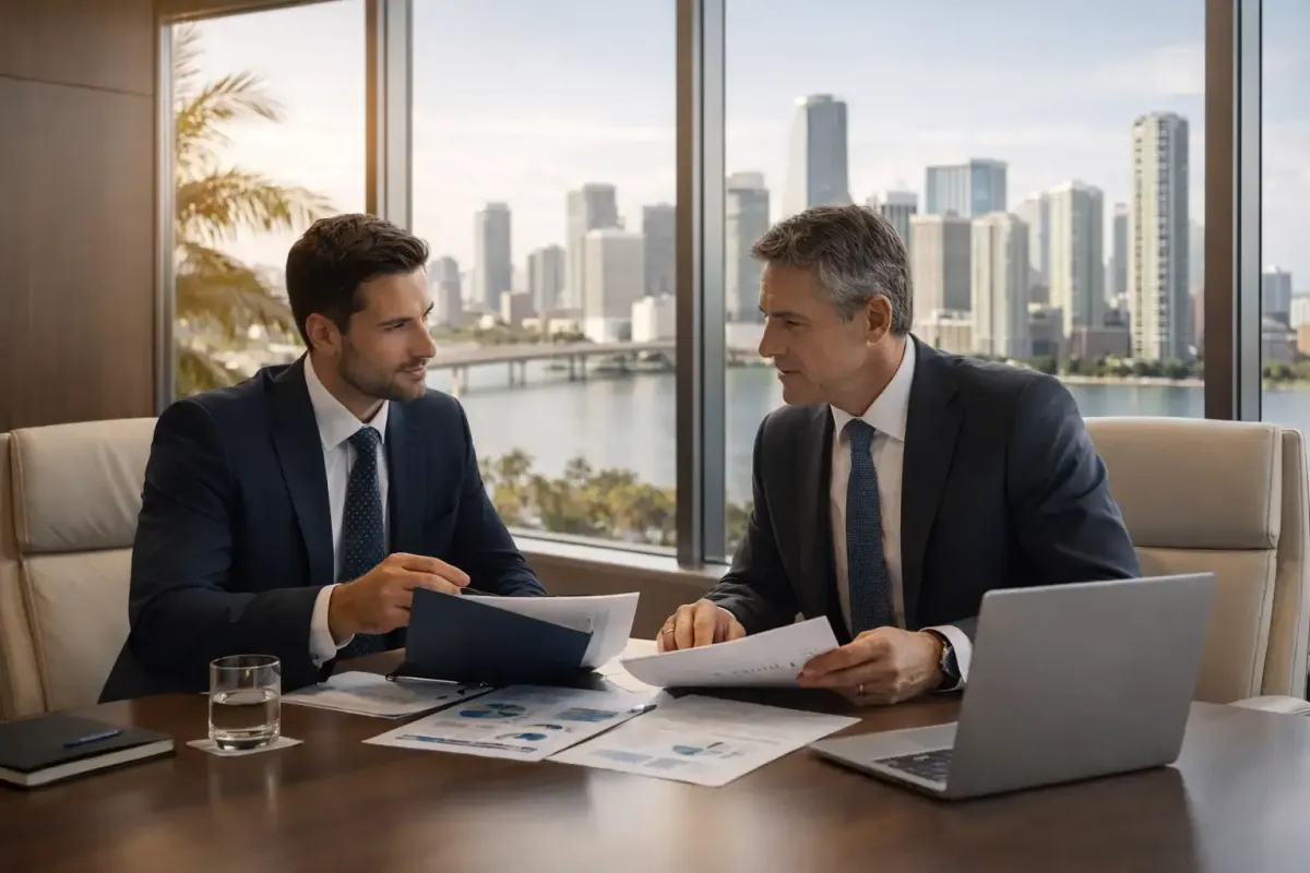 2 Financial agents with Miami skyline in background