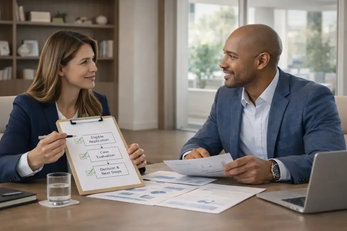 Homeowner in their mid-40s reviewing foreclosure paperwork at a kitchen table by natural window light.