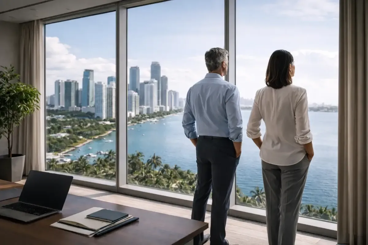 2 Financial agents overlooking Miami skyline