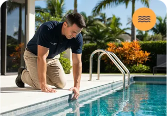 Pool technician inspecting water quality near a swimming pool, surrounded by lush greenery, emphasizing Strong Tower Pool's maintenance services.