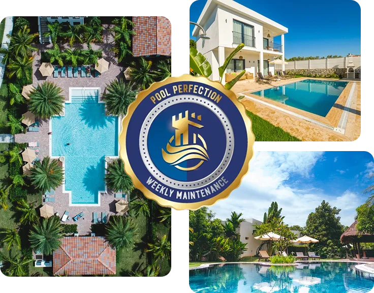Aerial view of pristine swimming pools surrounded by lush greenery and lounge chairs, featuring a central logo reading "Pool Perfection Weekly Maintenance," emphasizing expert pool care services.